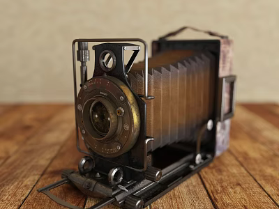 Vintage Style Digital Camera With Metal And Wooden Body On Wooden Table Top 3d model