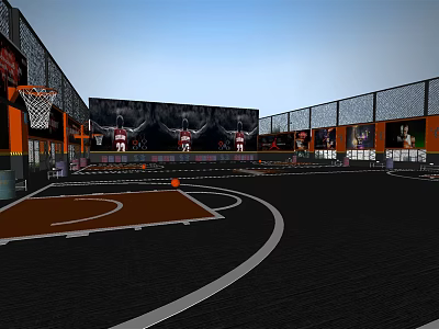 Spacious Indoor Basketball Court with Orange Hoops Mural and Marked Floor Lines 3d model