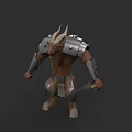 Muscular Mythical Warrior Game Movie Character With Goat Horns Armor And Weapon