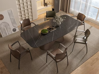 Modern Rectangular Black Marble Dining Table Set With Six Upholstered Chairs 3d model