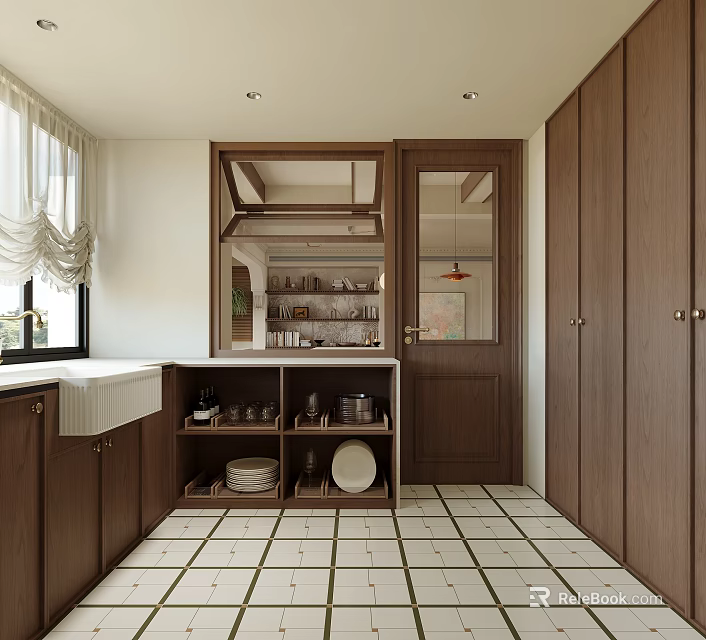 Modern Open Kitchen Interior With Wooden Cabinets White Tiled Floor And Dishes On Shelves 3d model 