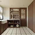 Modern Open Kitchen Interior With Wooden Cabinets White Tiled Floor And Dishes On Shelves