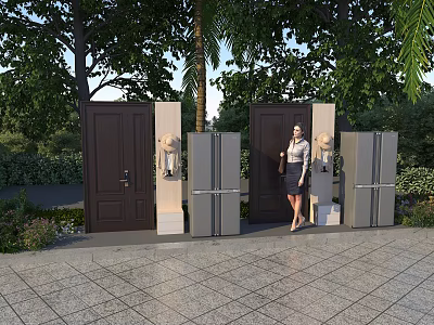 Outdoor Display of Modern Refrigerators and Freezers With Wooden Doors Greenery and Woman Standing Nearby 3d model