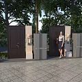 Outdoor Display of Modern Refrigerators and Freezers With Wooden Doors Greenery and Woman Standing Nearby
