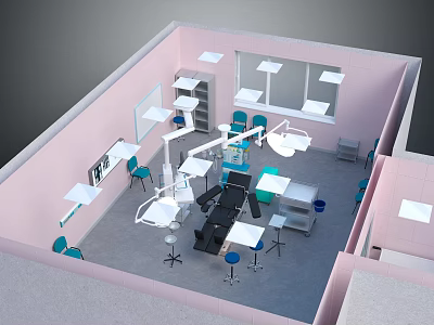 Medical Lab Interior With Pink Walls Workstations Blue Chairs And Lighting Fixtures 3d model