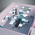 Medical Lab Interior With Pink Walls Workstations Blue Chairs And Lighting Fixtures