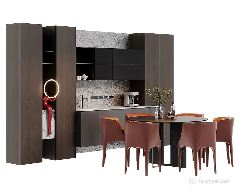 Modern Elegant Dining Table Set With Brown Leather Chairs Dark Cabinets And Decorative Light 3d model