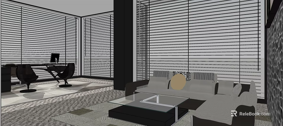 Modern Office Interior With Vertical Blinds Sofa Coffee Table And Area Rug 3d model 