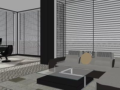 Modern Office Interior With Vertical Blinds Sofa Coffee Table And Area Rug 3d model
