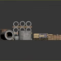 Various Construction Materials Display Featuring Concrete Pipes Wooden Crates And Timber Planks
