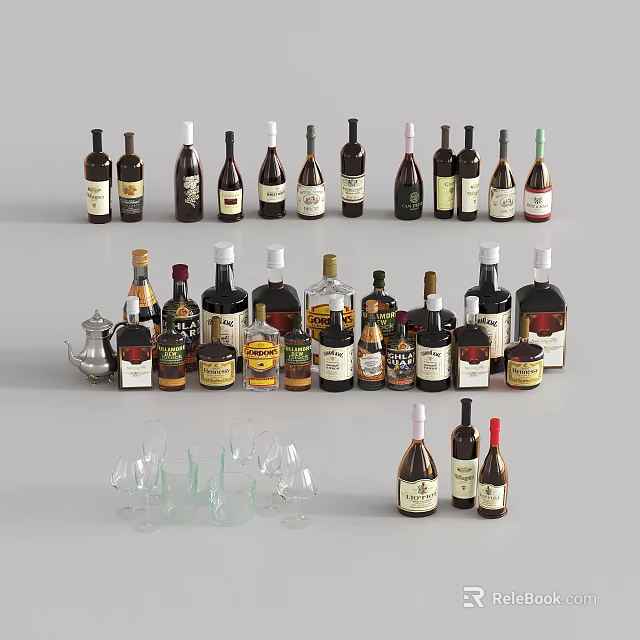 Assorted Wine and Liquor Bottles with Wine Glasses Displayed on Gray Background 3d model 