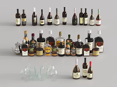 Assorted Wine and Liquor Bottles with Wine Glasses Displayed on Gray Background 3d model