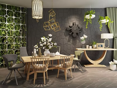 Modern Dining Table Set With Chairs Green Plant Wall Pendant Lights And Decorative Clock 3d model
