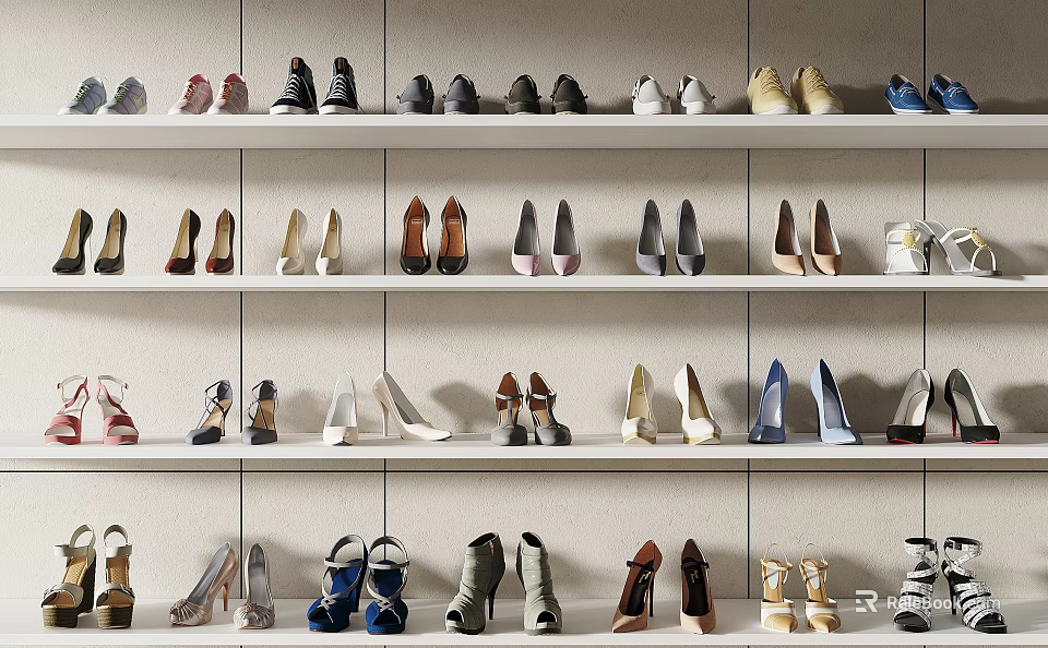 Various Styles Shoes Collection Display On Shelves With Multiple Colors And Designs 3d model 