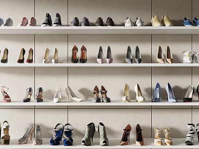 Various Styles Shoes Collection Display On Shelves With Multiple Colors And Designs 3d model