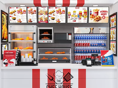 THEE HOUSE Fast Food Restaurant Interior With Fried Chicken Warmers Menu Posters And Beverage Racks 3d model