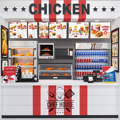 THEE HOUSE Fast Food Restaurant Interior With Fried Chicken Warmers Menu Posters And Beverage Racks 3d model
