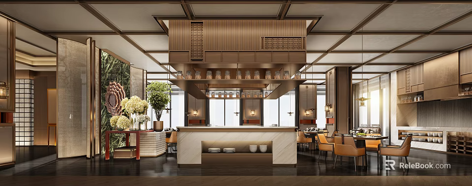 Modern Elegant Restaurant Interior With Wooden Ceiling Bar Counter Dining Chairs And Green Plants 3d model 