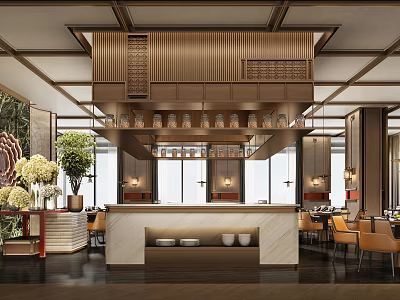 Modern Elegant Restaurant Interior With Wooden Ceiling Bar Counter Dining Chairs And Green Plants 3d model