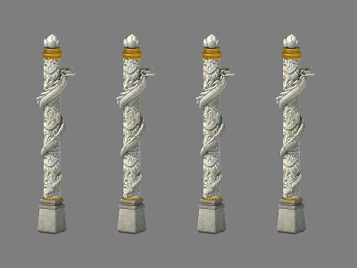 Traditional Stone Columns With Intricate Dragon Carvings Golden Tops And Square Bases 3d model