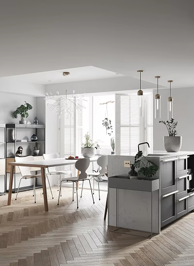 Modern Restaurant Dining Space With Dining Table Chairs Pendant Lights White Blinds And Potted Plants 3d model