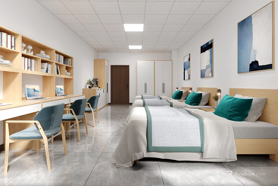 Modern Dormitory Room With Two Beds Green Pillows Desks Bookshelves And Wall Paintings 3d model 