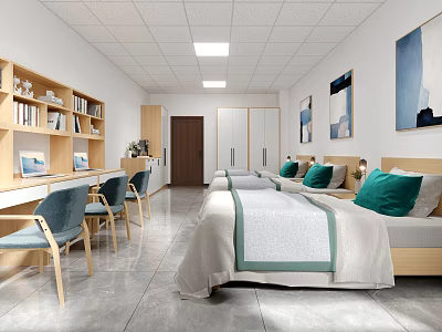 Modern Dormitory Room With Two Beds Green Pillows Desks Bookshelves And Wall Paintings 3d model