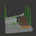 Snowy Mountain Scene With Wooden Cabin Green Pine Trees And Ski Slope
