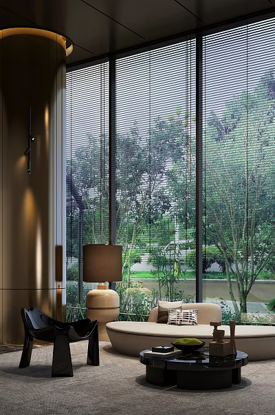 Modern Hotel Public Lounge Area With Large Windows Green Plants And Comfortable Seating 3d model