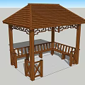 Chinese Traditional Wooden Pavilion With Intricate Carved Roof And Bench Seating