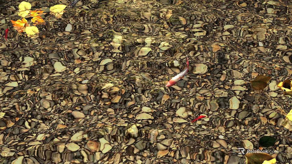 Red Koi Fish Swimming Underwater Among Small And Large Pebbles In Clear Rippled Water 3d model 