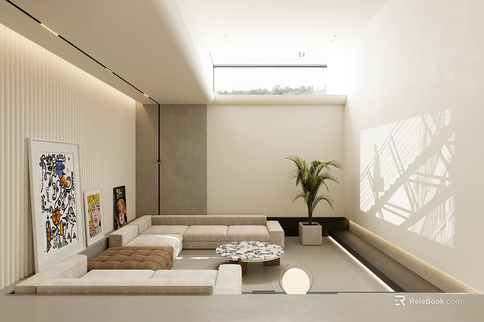 Modern Minimalist Basement Interior With Sofas Art Plants And Skylight 3d model
