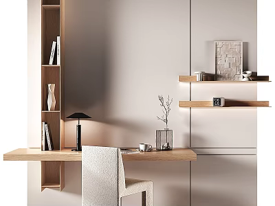 Modern Wooden Desk With Table Lamp Books And Open Wall Shelves Decor 3d model