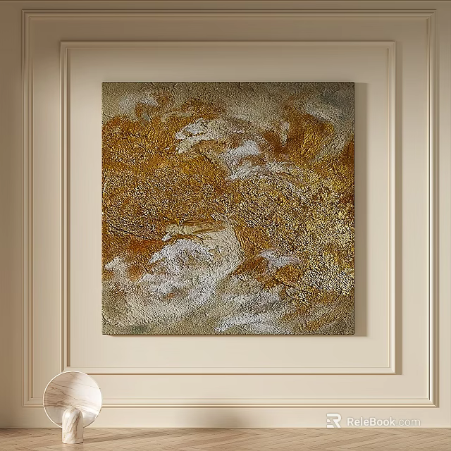 Textured Abstract Painting With Golden Brown And White Tones On Neutral Wall 3d model 