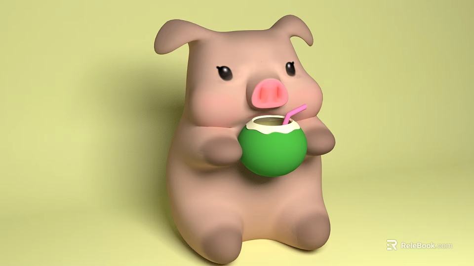 Cute Pink Piggy Doll Holding Green Coconut With Pink Straw On Light Green Background 3d model 