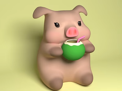 Cute Pink Piggy Doll Holding Green Coconut With Pink Straw On Light Green Background 3d model