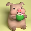 Cute Pink Piggy Doll Holding Green Coconut With Pink Straw On Light Green Background