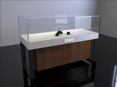 Glass Enclosed Display Showcase With White Countertop And Wooden Cabinet Base 3d model