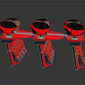 Three Red and Black Mechanical Devices With Structured Components And Reflective Bases