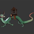 Colorful Horned Green Dragon Carrying Rider With Red Roof Pavilion On Back