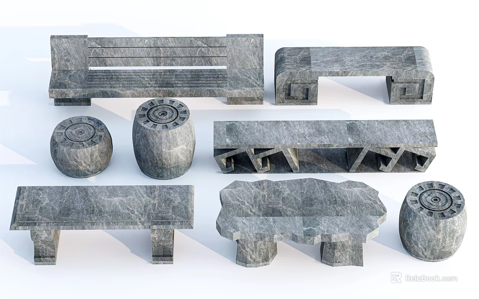 Stone Public Chairs With Various Designs Including Benches And Round Stools 3d model