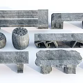 Stone Public Chairs With Various Designs Including Benches And Round Stools 3d model