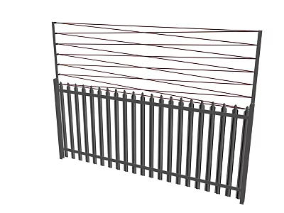 Black Metal Outdoor Fence With Pointed Vertical Bars And Horizontal Rails 3d model