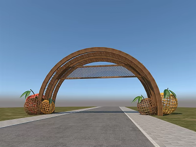 Arched Wooden Entrance Gate With Lattice Top And Pineapple Decorations 3d model
