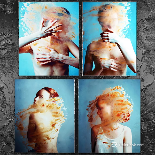 Four Frames Displaying Abstract Human Figure Artwork On Dark Textured Wall 3d model 