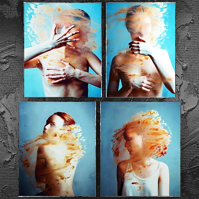 Four Frames Displaying Abstract Human Figure Artwork On Dark Textured Wall 3d model