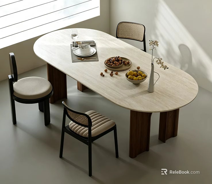 Modern Minimalist Travertine Oval Dining Table Set With Rattan Chairs For Cozy Home Dining Area 3d model 