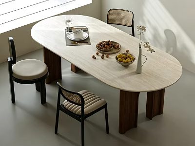 Modern Minimalist Travertine Oval Dining Table Set With Rattan Chairs For Cozy Home Dining Area 3d model