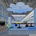 Public Office Space With Open Layout Large Windows Sofas Blue Partitions Chandeliers And Green Plants 3d model