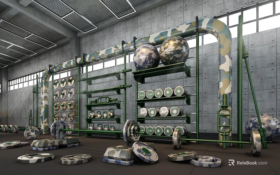 Camouflage Themed Fitness Gym With Exercise Balls Dumbbell Plates And Shelves 3d model 